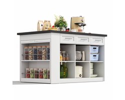 Merax Keukeneiland 150 cm - Kookeiland met Uittrekbare Eettafel - Keukenblok met Marmer Look Werkblad - Opbergruimte - Wit