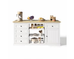 Merax Keukeneiland of Keukenkast met 5 Lades - 2 Uitschuifplanken - Uitklapbaar Werkblad en Ingebouwde Stopcontacten - Wit met Hout Bruin Blad - 150×65×75,5 cm