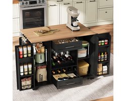 Merax Keukeneiland op Wielen - Klapbaar Werkblad - Wijnrek en Glashouder - Twee Kasten met Schappen - Twee Lades - Deurvakken en Handdoekhouder - Zwart met Houtkleurig Blad