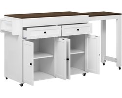 Merax Keukeneiland op Wielen - Uitklapbare Keuken Trolley met Werkblad en Schuiven - Mobiel Keukenkastje met Opbergruimte - 112-180x45x92 cm - Wit + Notenhout