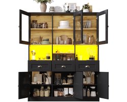 Merax Keukenkast 140x40x175 cm - Buffetkast met LED Verlichting - Hoge Opbergkast met Verstelbare Planken - Vitrinekast met App Bediening - Wit Zwart