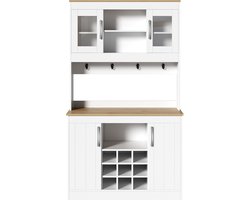 Merax Keukenkast met Opzetkast 175 cm - Opbergkast met Glazen Deuren en Wijnrek - Kast met Haken en Lades voor Keuken Eetkamer en Woonkamer Wit Houtkleur