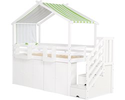 Merax Kinder Stapelbed - 90x200 cm - Inclusief Trap met Opbergruimte - Kleerkast en Veiligheidshekken - Wit en Groen - Zonder Matras