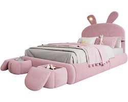 Merax Kinderbed 140x200 in Konijnen Vorm met 2 Krukjes – Fluwelen Bed met Verlichting en Hydraulisch Opbergruimte – Roze