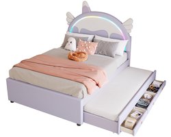 Merax Kinderbed 140x200 met Lades – Eenhoorn Bed met LED Verlichting en extra Uitschuifbaar Bed 90x190 cm – Paars Kunstleer Bedframe – Kinderkamer Unicorn Bed Meisjes