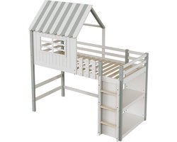Merax Kinderbed 90×200 cm – Hoog-Laag Bed in Huisvorm met Veiligheidsladder en Opbergruimte – Massief Houten Bed met Lattenbodem – Groen