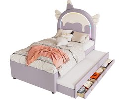 Merax Kinderbed 90x200 cm - Eenhoorn Design met Uitschuifbaar Bed - PU-Materiaal - Paars