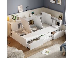 Merax Kinderbed 90x200 cm met 4 Lades – Wit Eenpersoonsbed van MDF met Boekenkast en Opbergkasten – Bed met Veel Opbergruimte – Inclusief Lattenbodem