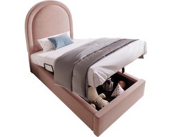 Merax Kinderbed 90x200 cm – Roze Fluwelen Eenpersoonsbed met Hydraulische Opbergruimte – Kosmisch Design