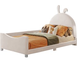 Merax Kinderbed 90x200cm - Gestoffeerd Bed - Flanellen Bekleding Bedframe - Konijnvorm Hoofdbord - Beige