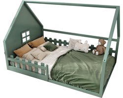 Merax Kinderbed in Huisvorm – 140x200 cm - Bed met Houten Lattenbodem en Veiligheidsrails - Groen