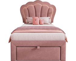 Merax Kinderbed LED 90 x 190 cm met Schubladen - Polsterbed met Verstelbaar Hoofdbord en App-Control LED Verlichting - Roze Velours
