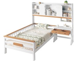 Merax Kinderbed met Bureau - Kast en Lade – 90x200 cm – L-vormig Bed met Opbergruimte – Wit met Bruin