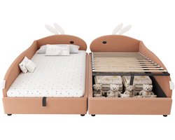 Merax Kinderbed Set van 2 Eenpersoonsbedden 90x200 cm – Gestoffeerd Fluweel met Konijnenoren – Hydraulische Opbergruimte – Verhoogde Zachte Veiligheidsrand – Rood met Wit