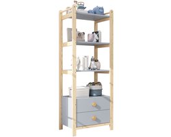 Merax Kinderkast Set 180 cm – Kledingkast met Hangroede en Laden + Open Opbergkast – Blauw met Houtkleur Kinderkamer