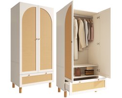 Merax Kledingkast - 2 Deuren - Wit met Rattan Deuren - 180x85x52cm - Houten Garderobekast met Grote Lade en Verstelbare Planken - Landelijke Stijl