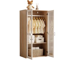 Merax Kledingkast 80x50x150cm - Houten Garderobekast met Glazen Deuren en Kledingroede - Wit en Houtkleur Bruin - Kast met Verstelbare Planken