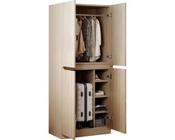 Merax Kledingkast Houtkleur – 70x40x170 cm – Dubbeldelige Garderobekast met Hangruimte en Opbergvakken – Ruime Kast voor Slaapkamer en Hal