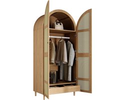 Merax Kledingkast Met Gebogen Deuren - Kledingroede - Lade - Rotan Look Deuren - Houten Poten - Voor Slaapkamer En Hal - 80 X 50 X 179 Cm