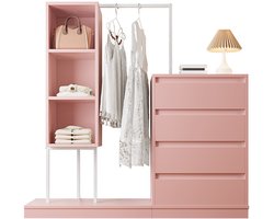 Merax Kledingkast met Laden en Kledingstang – Roze Kast met Open Vakken en Sideboard – Opbergkast voor Slaapkamer of Woonkamer – 140x40x135 cm