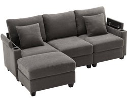 Merax L-Vormige Hoekbank – Ombouwbare 3-Zits Bank met Hocker – USB-Oplader – Bekerhouder – Armleuning Opbergruimte – 2 Kussens – Donkergrijs Corduroy