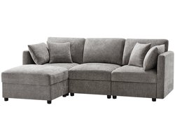 Merax L-vormige Hoekbank - Slaapbank met Hocker - 3-zitsbank - Verstelbare Armleuningen - Chenille Stoffen Bank - Inclusief 4 Kussens - Grijs - Geschikt voor Woonkamer, Appartement of Kantoor
