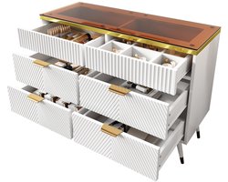 Merax Ladekast met 6 Schuiflades – Moderne Dressoir met Bruin Glazen Fronten – Witte Opbergkast met Metalen Poten en Anti-Kantel Beveiliging – 120 x 40 x 76 cm