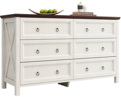Merax Ladekast Wit Met Walnootkleurig Blad 134x40x79 cm 6 Lades Aluminium Handgrepen MDF Dressoir Voor Woonkamer Of Slaapkamer