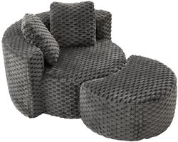 Merax Lounge Fauteuil met Hocker - Ronde Relaxstoel - Zachte Schuim Slaapstoel - Grote Loungestoel zonder Montage - Fauteuil voor Woonkamer en Slaapkamer - Donkergrijs