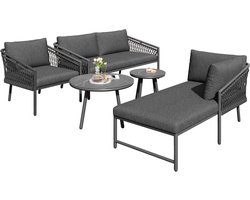 Merax Loungeset Touw Gevlochten – 5 Delige Tuinset Met Kussens En Glazen Tafels – Balkonset Voor Buiten Terras – Grijs