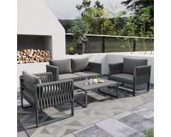 Merax Loungeset Tuin 4 Personen – 4-delige Tuinset met Bank - 2 Tuinstoelen en Tafel – Gevlochten Touw Design – 10 cm Dikke Kussens – Grijs – Weerbestendig en Stalen Frame