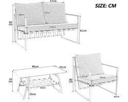 Merax Loungeset Tuin 4 Personen met Salontafel – Moderne Tuinset met Bank en 2 Tuinstoelen – Weerbestendig – Met Kussens en Glazen Tafelblad – Zwart met Grijs – Wasbare Hoezen