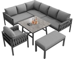 Merax Loungeset Tuin 5-Delig Met Hoekbank - Fauteuil En Hocker – Tafel Met Gehard Glazen Blad – Verstelbare Poten – Met Zit- En Rugkussens – Grijs