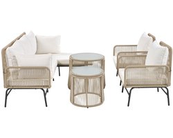 Merax Loungeset voor 6 Personen - 6-delige Tuinmeubelset met 2 Tuinstoelen - 2 Tweezitsbanken - 2 Tuintafels - Gevlochten Touw - Inclusief Kussens - Beige