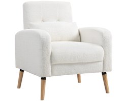 Merax Loungestoel Met Lendenkussen - Zachte Teddy Bouclé Stoffering - Comfortabele Fauteuil Met Houten Poten - Wit - 76 X 74 X 89.5 Cm - Belastbaar Tot 120 Kg