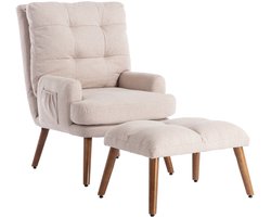 Merax Loungestoel met Voetensteun - 5-Voudig Verstelbare Rugleuning - Fauteuil met Zijvakken voor Extra Opbergruimte - Beige