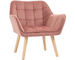 Merax Loungestoel Roze Fluweel – Scandinavische Relaxstoel met Houten Poten – Compacte Fauteuil voor Woonkamer of Leeshoek – 68,5 x 61 x 72,5 cm