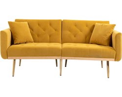 Merax Luxe 2-Zits Design Bankstel - Uitklapbaar tot Slaapbank - Velvet Bank met Metalen Poten - Mosteerd Geel met Goud