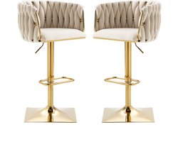Merax Luxe Barkrukken Set van 2 – Verstelbaar 87-105 cm – Beige Fluweel met Gouden Frame – 360° Draaibaar met Rugleuning en Voetensteun – Moderne Barstoelen