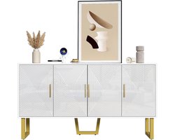 Merax Luxe Dressoir 150 cm – Kast met 4 Deuren en Hoogglans Voorkant – Opbergkast met Verstelbare Planken – Wit met Goud