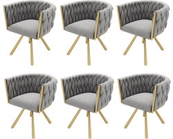 Merax Luxe Fluwelen Eetkamerstoelen Set van 6 – Grijs en Goud – 360° Draaibaar - Ergonomisch Ontwerp en Stalen Poten