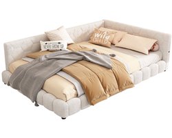 Merax Luxe Fluwelen Tweepersoonsbed 140x200 cm - LED Verlichting met Afstandsbediening en USB Type-C Aansluiting - Gestoffeerd Bed met Houten Lattenbodem - Wit
