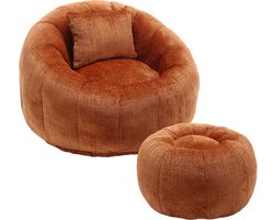 Merax Luxe Fluwelen Zitzak met Poef - Chenille Gestoffeerde Bean Bag met Voetenbank - Oranje