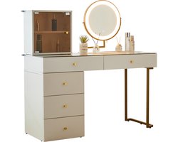 Merax Luxe Kaptafel met LED Verlichting in Spiegel - 120x45x115 cm - Make-up Tafel met Glazen Tafelblad en Opbergruimte - Wit met Gouden Details