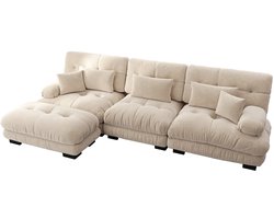Merax Luxe Modulaire Hoekbank – XL L-vormige Cloud Bank met Diepe Zit & Ottoman – Comfortabele Chenille Slaapbank – Lichtbruin – 313x145x81 cm