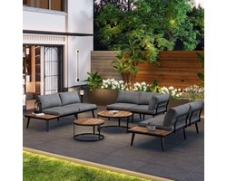 Merax Luxe Tuin Loungeset – 6-Delige Tuinset voor 6 Personen – Stabiel Gegalvaniseerd IJzeren Frame – Inclusief Kussens – Acaciahout Tafels – Grijs