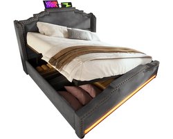 Merax Luxe Tweepersoonsbed 140x200 cm met Matras en LED – Bed met USB-C en Hydraulisch Opbergruimte – Fluweel Grijs
