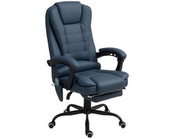 Merax – Massage Bureaustoel met 7 Trillingspunten – Verstelbare Rugleuning en Voetsteun – Lederlook – Blauwe Luxe Ergonomische Stoel