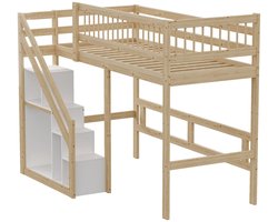 Merax Massief Houten Hoogslaper 90x200cm met Opbergruimte in de Trap - Kinderbed Eenpersoonsbed met Uitvalbeveiliging - Naturel Hout Bruin