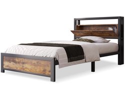 Merax Metalen Eenpersoonsbed 90x200 cm - Bed met Opbergruimte in Hoofdbord en Houten Lattenbodem - Industrieel Bedframe - Zwart met Bruin